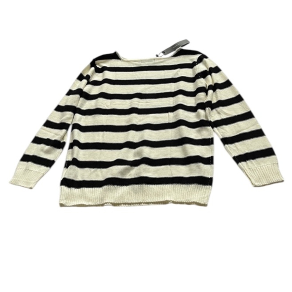 Allegra K Cotton Blend Striped Relaxed Crew Neck Sweater Ivory and Black Women M
